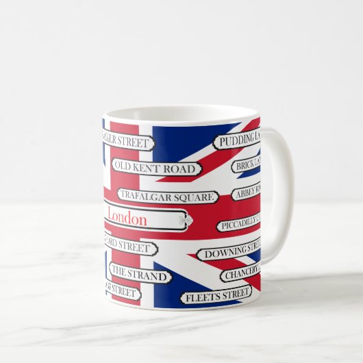 イギリス国旗とロンドンの有名な通り名 コーヒーマグカップ (正面右)
