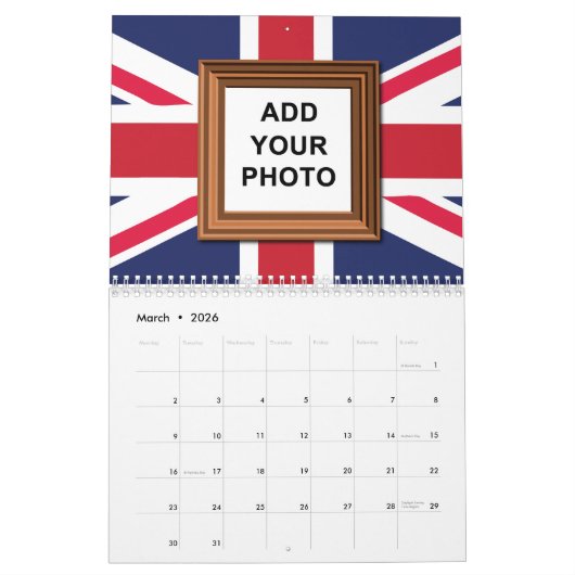 イギリス国旗のユニオンジャックあなたの写真を追加ヴィンテージ2025 カレンダー (3月 2026)