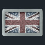 イギリス国旗の素朴ヴィンテージのグリッターきらきら光る 長方形ベルトバックル<br><div class="desc">英国の国旗の赤白青は、素朴なヴィンテージスタイル効果のためにトーンダウンしたグリッターを輝かせる。洗練された、まばゆい、きらめく、鮮やかな、青々とした、豊かな、華やかな鮮やかデザイン。キラキラ輝くイギリス国旗の模倣グリッター。我々は実際のグリッターではなく火花の写真を使用！</div>