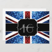 イギリス国旗の赤い青のスパークルグリッタースウィート16招待状 招待状 (正面/裏面)