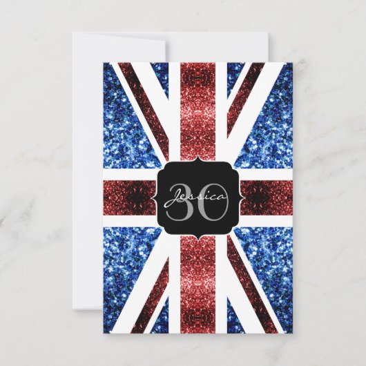 イギリス国旗の赤い青のスパークルグリッターモノグラム招待状 招待状 (正面)