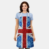 イギリス国旗の赤い青の白いきらめきグリッター エプロン (着用した状態)
