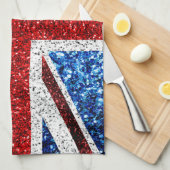 イギリス国旗の赤い青の白いきらめきグリッター キッチンタオル (四つ折り)