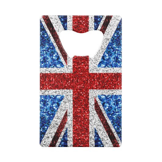 イギリス国旗の赤い青の白いきらめきグリッター クレジットカード栓抜き (正面)