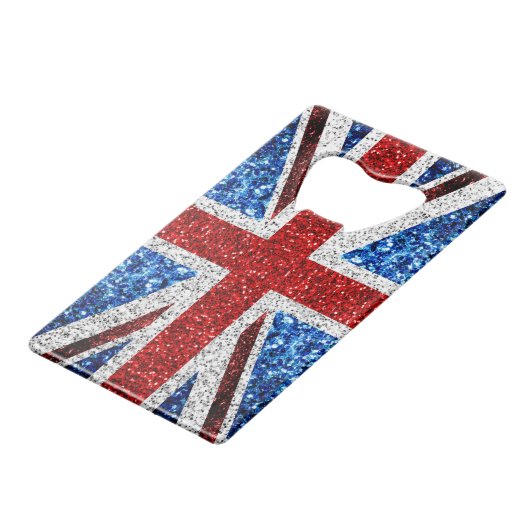 イギリス国旗の赤い青の白いきらめきグリッター クレジットカード栓抜き (裏面アングル)
