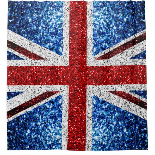 イギリス国旗の赤い青の白いきらめきグリッター シャワーカーテン (正面)