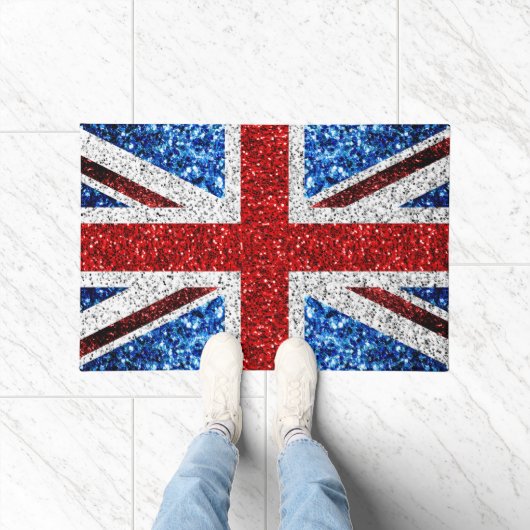 イギリス国旗の赤い青の白いきらめきグリッター ドアマット (室内)