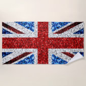 イギリス国旗の赤い青の白いきらめきグリッター ビーチタオル (正面)
