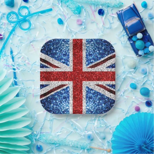 イギリス国旗の赤い青の白いきらめきグリッター ペーパープレート (パーティー)