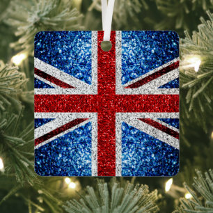 イギリス国旗の赤い青の白いきらめきグリッター メタルオーナメント