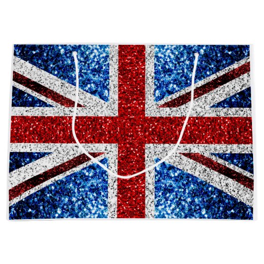 イギリス国旗の赤い青の白いきらめきグリッター ラージペーパーバッグ (正面)