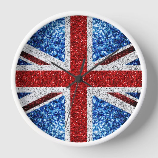 イギリス国旗の赤い青の白いきらめきグリッター 壁時計 (正面)