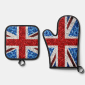 イギリス国旗の赤い青の白いきらめきグリッター 鍋つかみ&鍋敷きセット (正面)