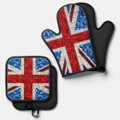 イギリス国旗の赤い青の白いきらめきグリッター 鍋つかみ&鍋敷きセット (正面/裏面)