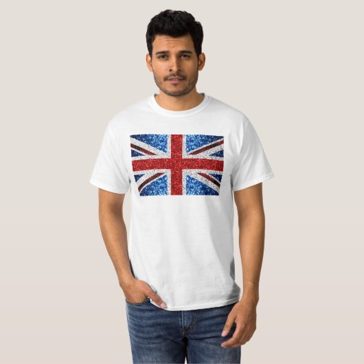イギリス国旗の赤い青の白いきらめきグリッター Tシャツ (正面フル)