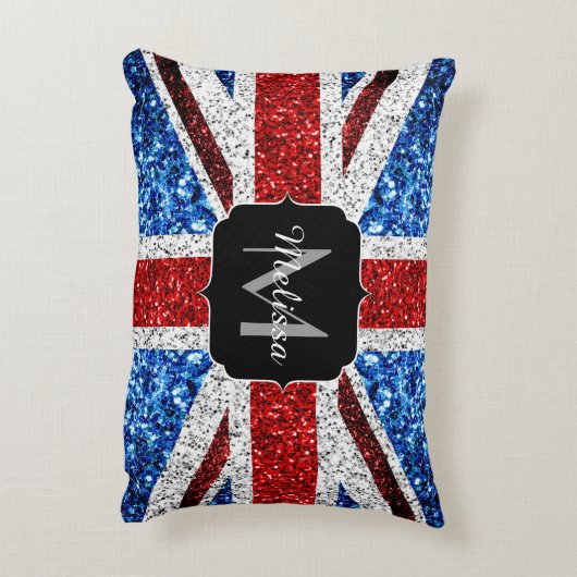 イギリス国旗の赤い青の白いスパークルグリッターモノグラム アクセントクッション (裏面(縦))