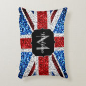イギリス国旗の赤い青の白いスパークルグリッターモノグラム アクセントクッション (正面(垂直))