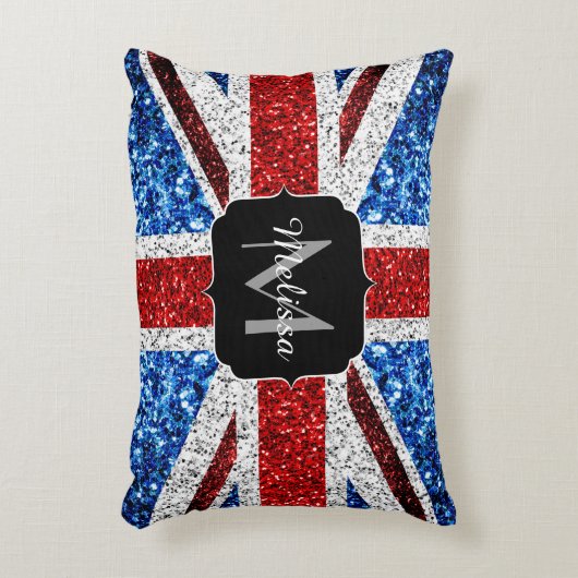 イギリス国旗の赤い青の白いスパークルグリッターモノグラム アクセントクッション (正面(垂直))