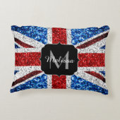 イギリス国旗の赤い青の白いスパークルグリッターモノグラム アクセントクッション (裏面)
