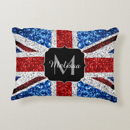 イギリス国旗の赤い青の白いスパークルグリッターモノグラム アクセントクッション (裏面)