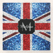 イギリス国旗の赤い青の白いスパークルグリッターモノグラム ガラスコースター (正面)