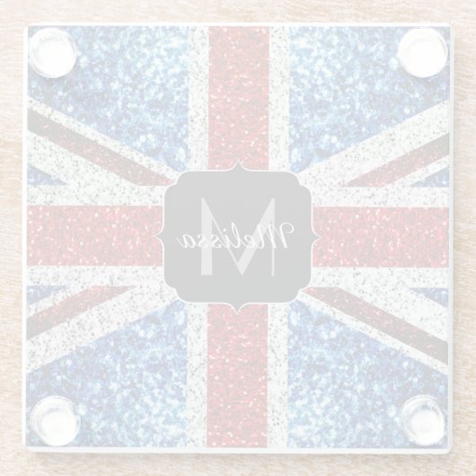 イギリス国旗の赤い青の白いスパークルグリッターモノグラム ガラスコースター (裏面)