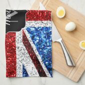 イギリス国旗の赤い青の白いスパークルグリッターモノグラム キッチンタオル (四つ折り)