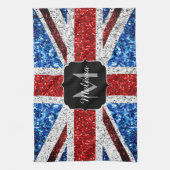 イギリス国旗の赤い青の白いスパークルグリッターモノグラム キッチンタオル (縦)