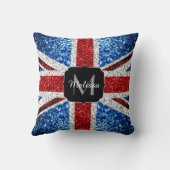イギリス国旗の赤い青の白いスパークルグリッターモノグラム クッション (裏面)