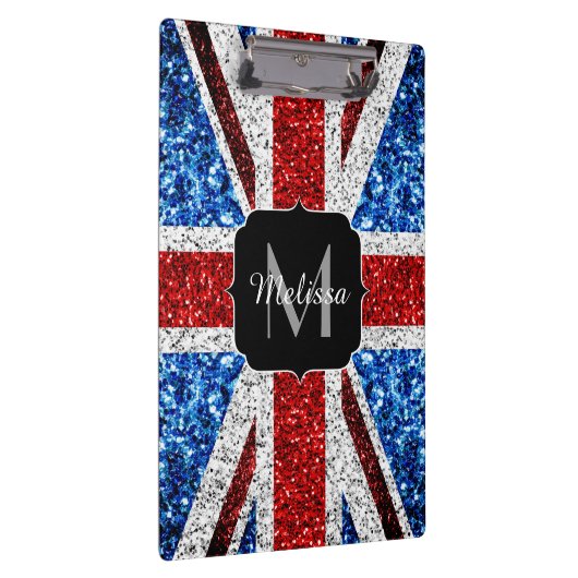 イギリス国旗の赤い青の白いスパークルグリッターモノグラム クリップボード (右)