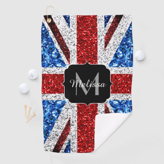 イギリス国旗の赤い青の白いスパークルグリッターモノグラム ゴルフタオル (インサイチュ)