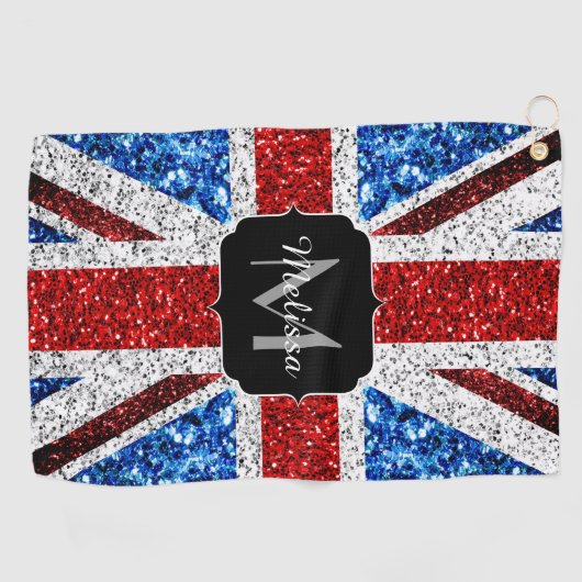 イギリス国旗の赤い青の白いスパークルグリッターモノグラム ゴルフタオル (横)