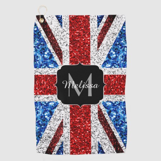 イギリス国旗の赤い青の白いスパークルグリッターモノグラム ゴルフタオル (正面)