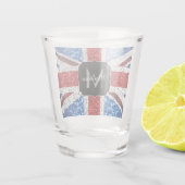 イギリス国旗の赤い青の白いスパークルグリッターモノグラム ショットグラス (裏面)