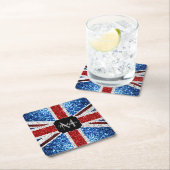 イギリス国旗の赤い青の白いスパークルグリッターモノグラム スクエアペーパーコースター (インサイチュ)