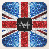イギリス国旗の赤い青の白いスパークルグリッターモノグラム スクエアペーパーコースター (正面)