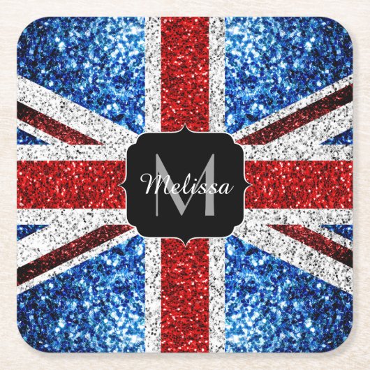 イギリス国旗の赤い青の白いスパークルグリッターモノグラム スクエアペーパーコースター (正面)