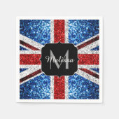 イギリス国旗の赤い青の白いスパークルグリッターモノグラム スタンダードカクテルナプキン (正面)