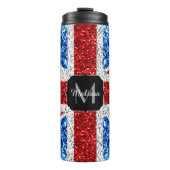 イギリス国旗の赤い青の白いスパークルグリッターモノグラム タンブラー (正面)