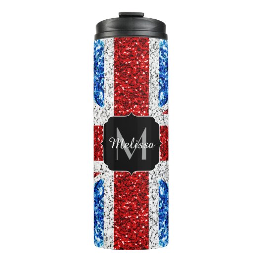 イギリス国旗の赤い青の白いスパークルグリッターモノグラム タンブラー (正面)