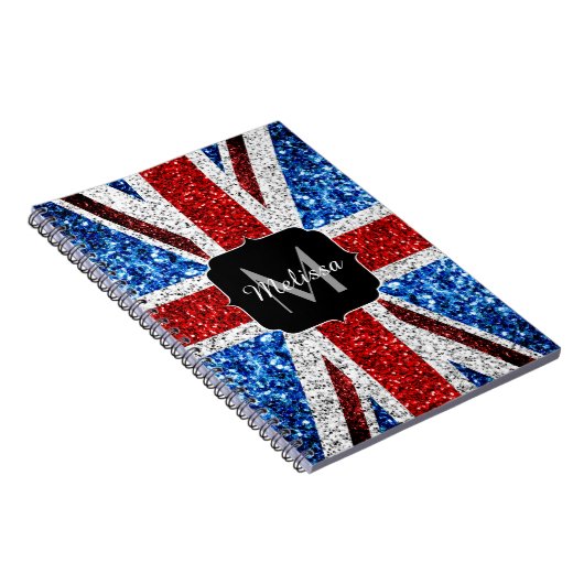 イギリス国旗の赤い青の白いスパークルグリッターモノグラム ノートブック (右側)