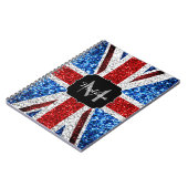 イギリス国旗の赤い青の白いスパークルグリッターモノグラム ノートブック (左側)