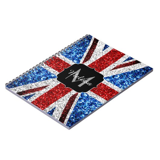 イギリス国旗の赤い青の白いスパークルグリッターモノグラム ノートブック (左側)