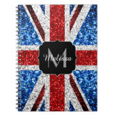 イギリス国旗の赤い青の白いスパークルグリッターモノグラム ノートブック (正面)