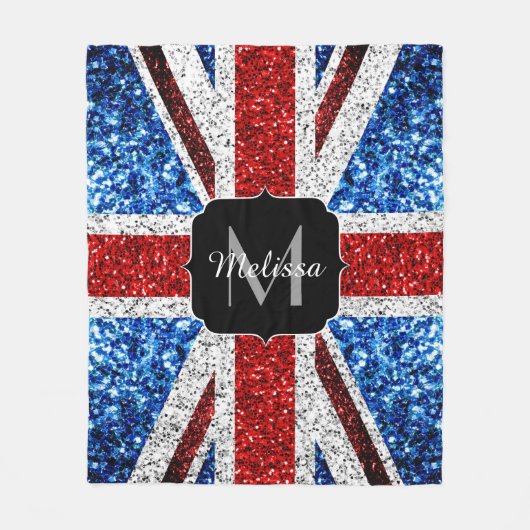 イギリス国旗の赤い青の白いスパークルグリッターモノグラム フリースブランケット (正面)