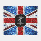 イギリス国旗の赤い青の白いスパークルグリッターモノグラム フリースブランケット (正面(横))