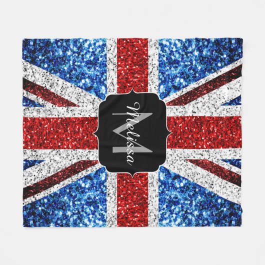 イギリス国旗の赤い青の白いスパークルグリッターモノグラム フリースブランケット (正面(横))