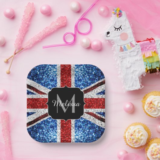 イギリス国旗の赤い青の白いスパークルグリッターモノグラム ペーパープレート (パーティー)
