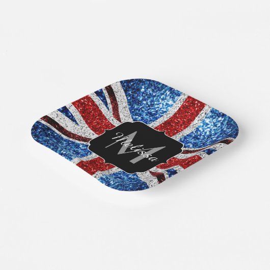 イギリス国旗の赤い青の白いスパークルグリッターモノグラム ペーパープレート (傾斜あり)