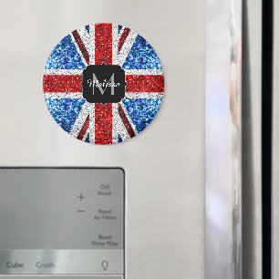 イギリス国旗の赤い青の白いスパークルグリッターモノグラム マグネット